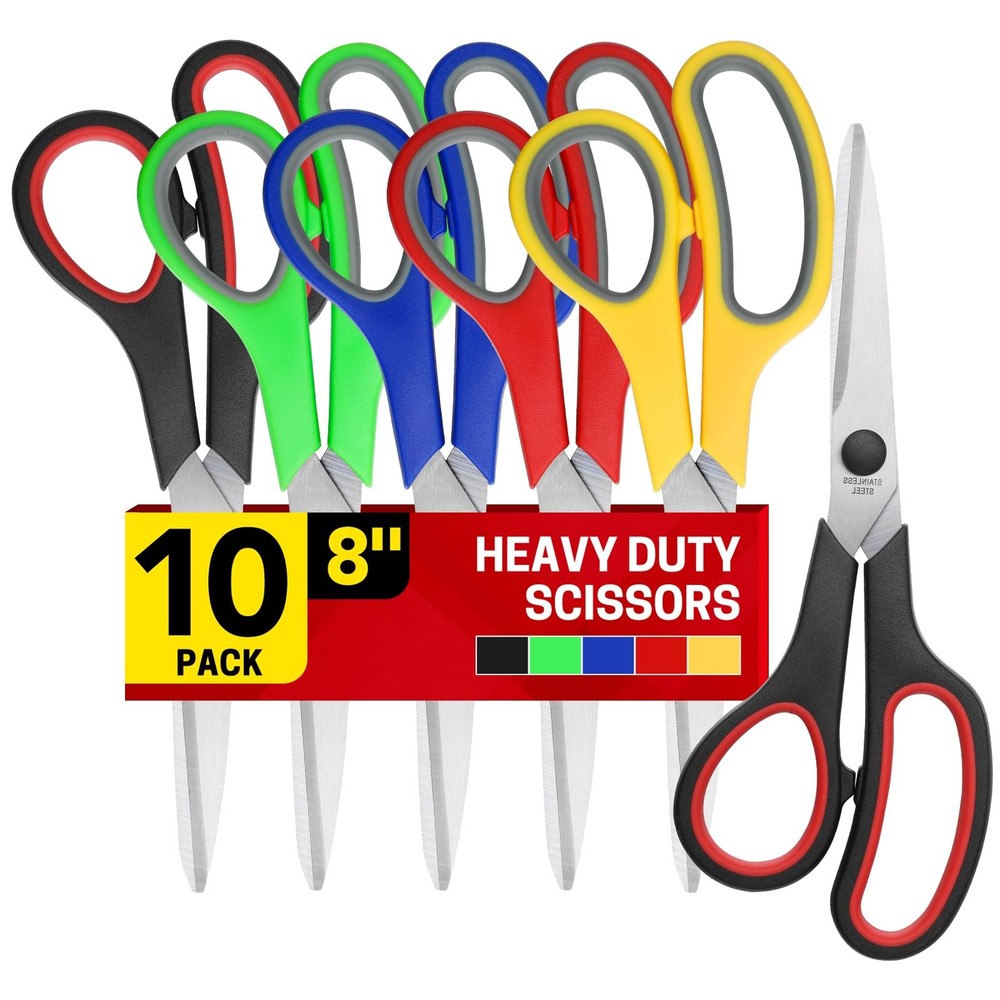 8" 10 Pack All Purpose Heavy Duty Scissors- Comfort-Grip Sharp Scissors for O...