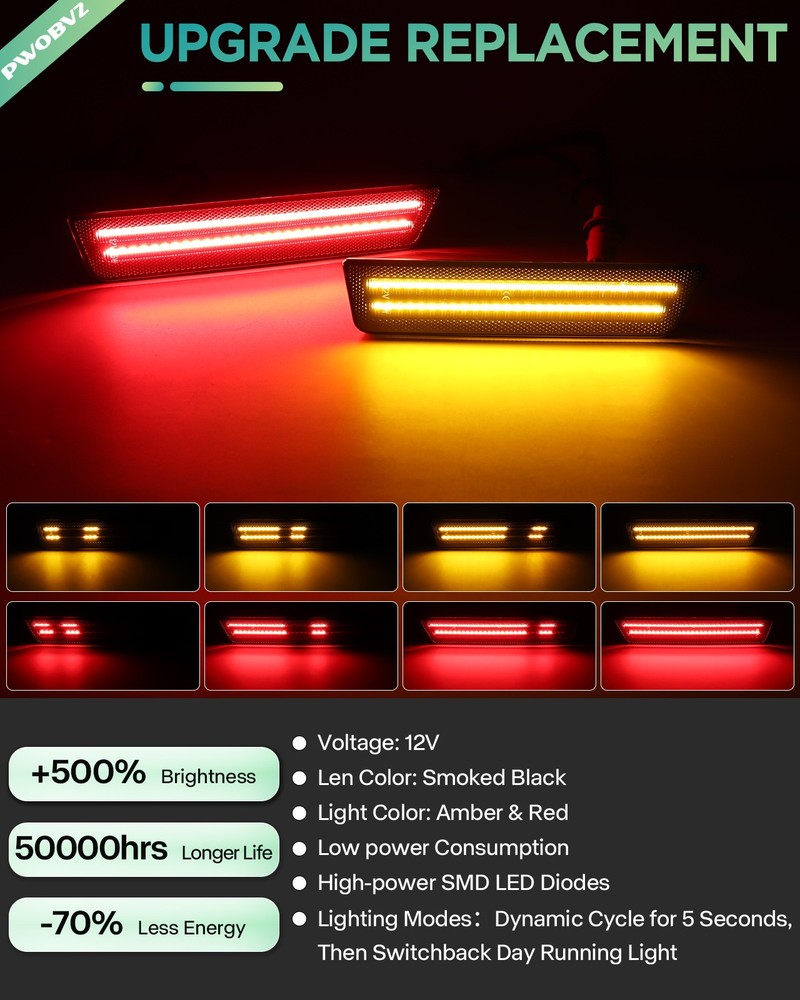 Dynamic Front Rear Bumper LED Side Marker Lights For 2008-2014 Dodge Challenger