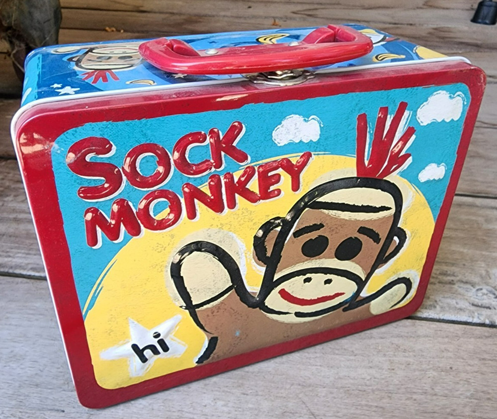 Schylling 2008 3D Sock Monkey Metal Lunch Box EUC Collectible Keepsake Box