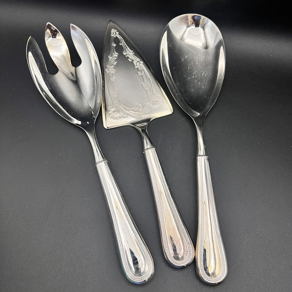 3 Towle Silversmiths Beaded Stainless Silver Serving Spoon Fork Pie Germany