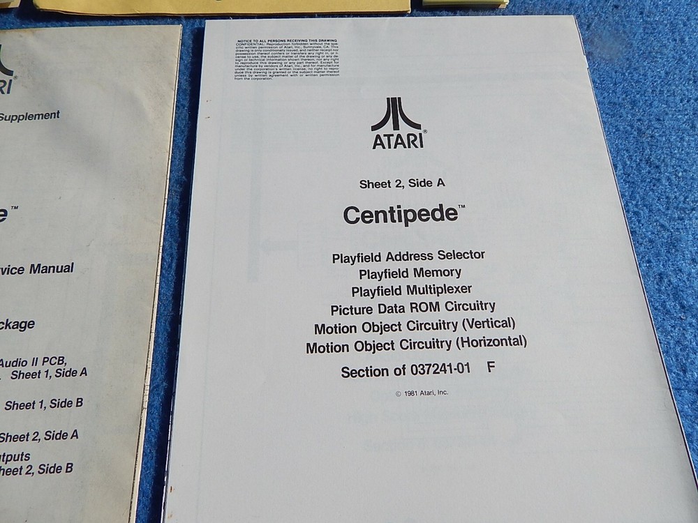 1981 Atari CENTIPEDE video game schematic package supplement to operators manual