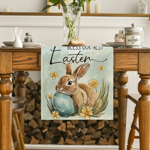 Bunny Rabbit Egg Flowers Easter Table 13" x 90", Table Runner Haze Blue