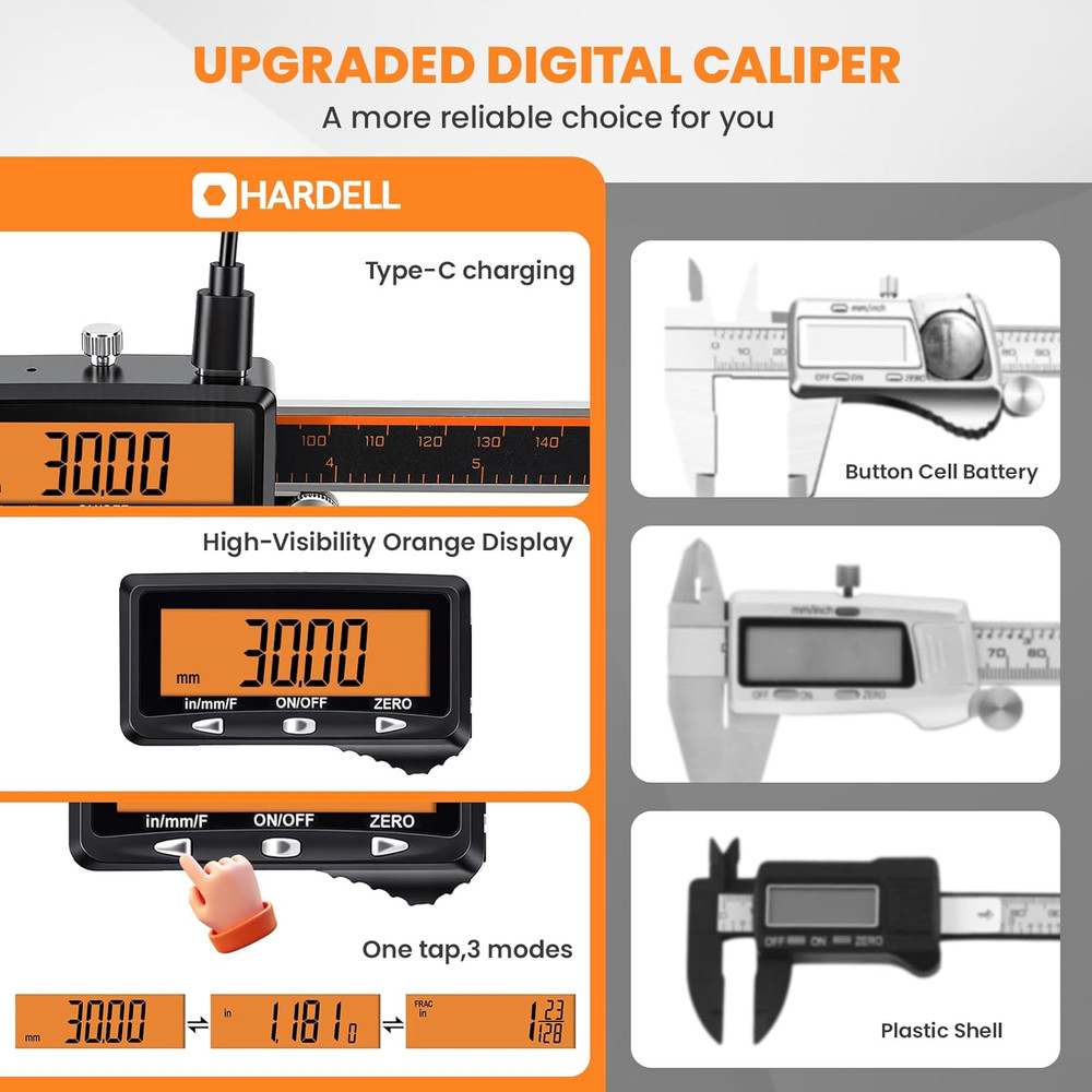 Digital Caliper, Rechargeable Caliper Measuring Tool with Large Orange Screen, S