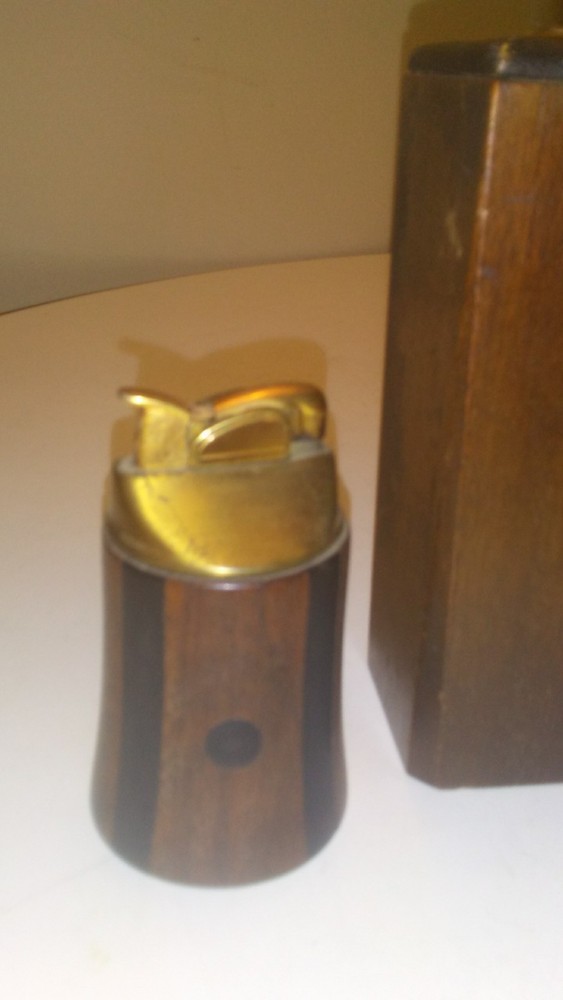 MODERNIST MCM TABLE LIGHTER PAIR WOOD LEATHER TEAK WALNUT