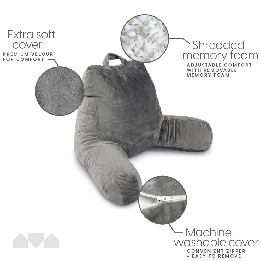 Memory Foam Back Pillow, Arms For Support, Washable Cover, Grey