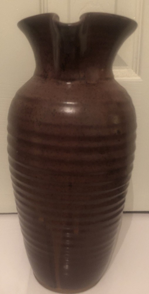 Art Pottery Ceramic Pitcher Rustic Drip Glaze Ribbed Pattern Scroll Handle 11.5”