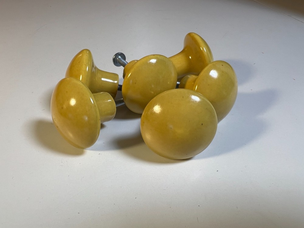 Vintage Mustard Yellow Ceramic Cabinet Knobs Set 6 Mid Century Drawer Pulls 1.25