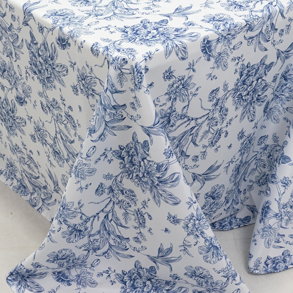 90" x 132" Blue French Toile Pattern Polyester Rectangular Tablecloth