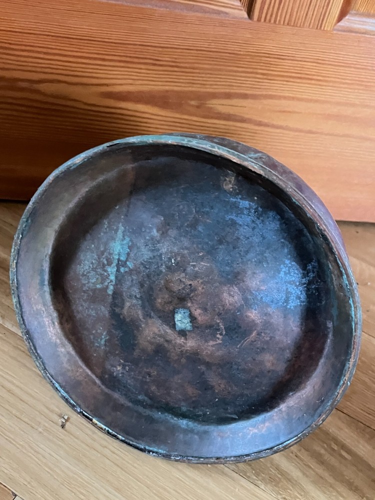Antique Large Solid Copper Metal Primitive Pitcher w Numbers indicating size –