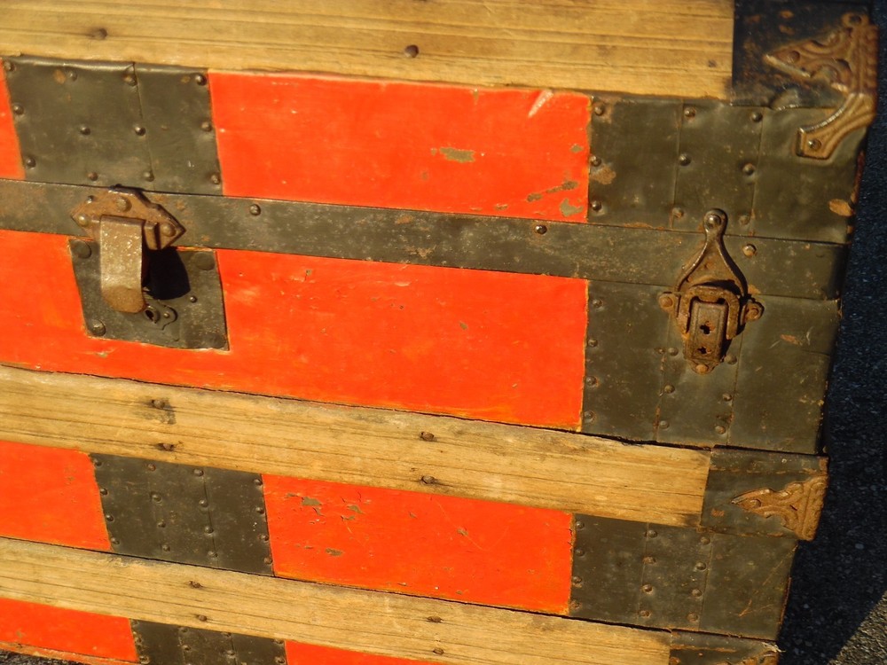 Antique Dome Top Trunk Painted Red - Musty / Mildew Odor Inside