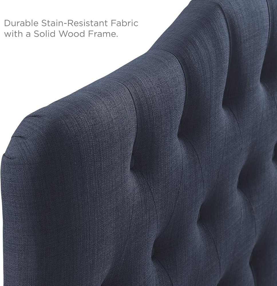 Annabel Tufted Button Linen Fabric Upholstered Queen Headboard in Navy