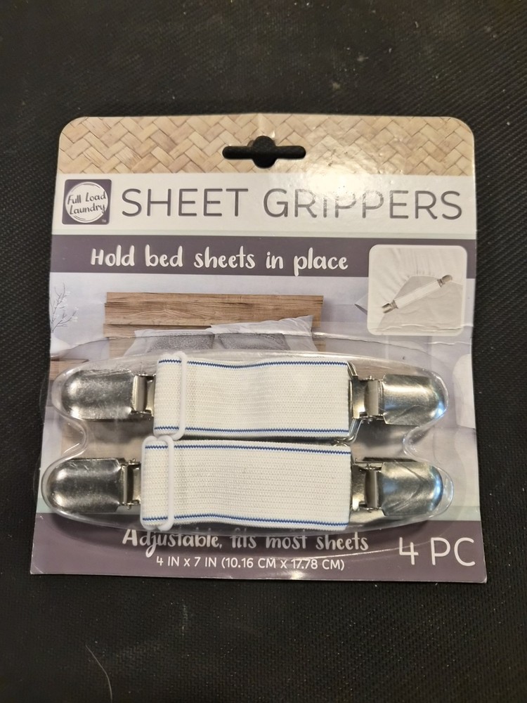 Full Load Laundry Adjustable Bed Sheet Grippers 4 Pack White Elastic Metal