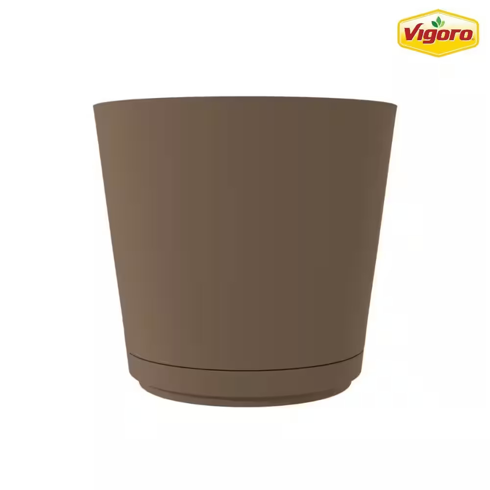 Kyra Large Round Plastic Planter 16 in with Attached Saucer, Chocolate