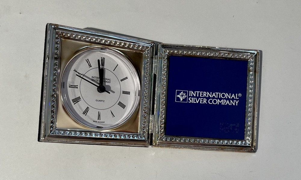International Silver Company Silver Plated Double Frame Clock w/ Original Box