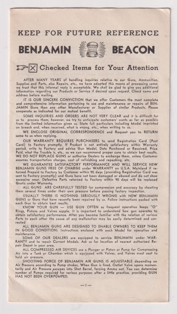 Instructions book Benjamin Beacon Air Rifle 8 page fold out