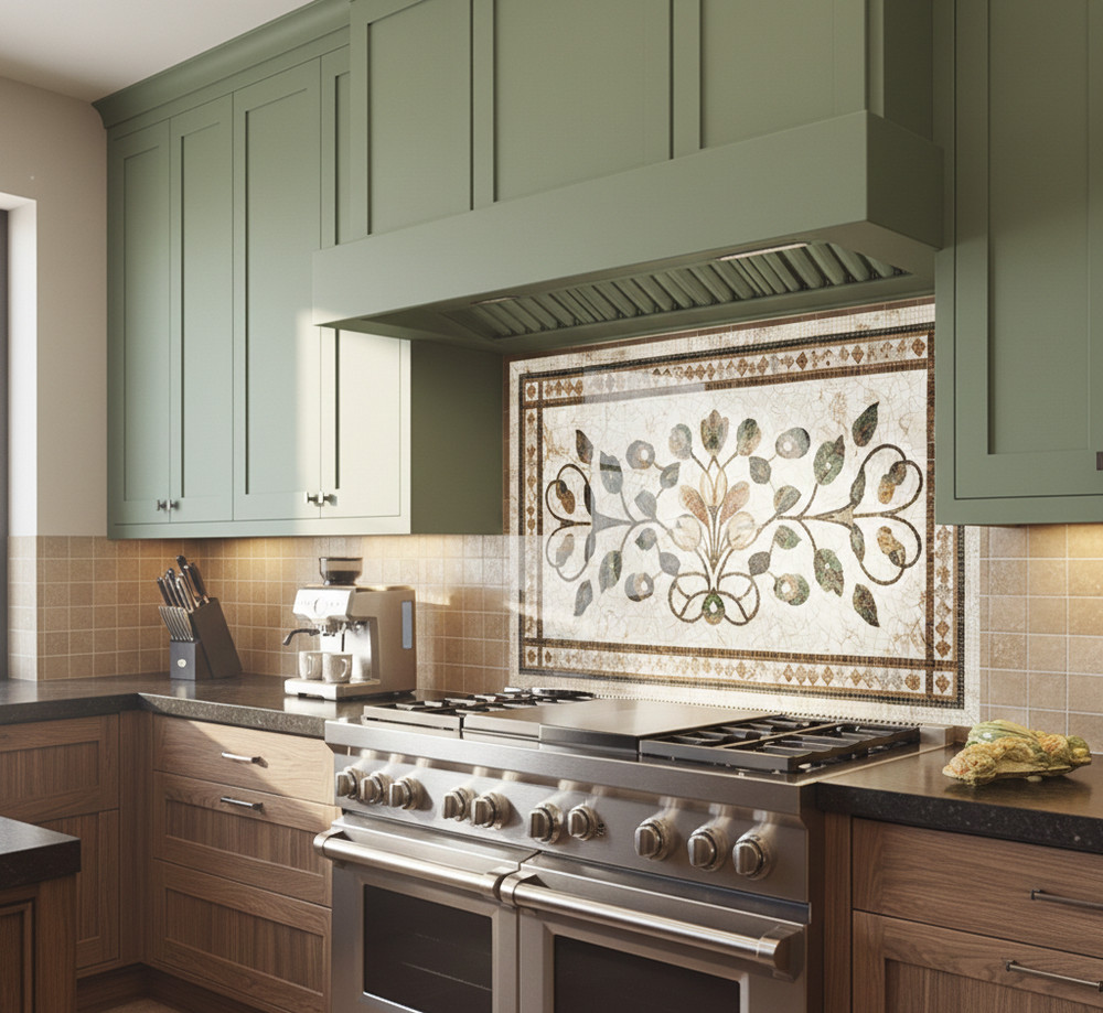 Mediterranean Mosaic Look Glass Backsplash Panel–Olive Branch Kitchen Backspla