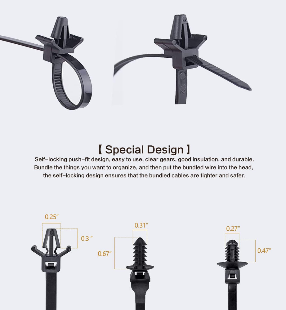 120 Packs Car Mount Wire Tie, Nylon Push Mount Cable Zip Tie Strap Self-Locking