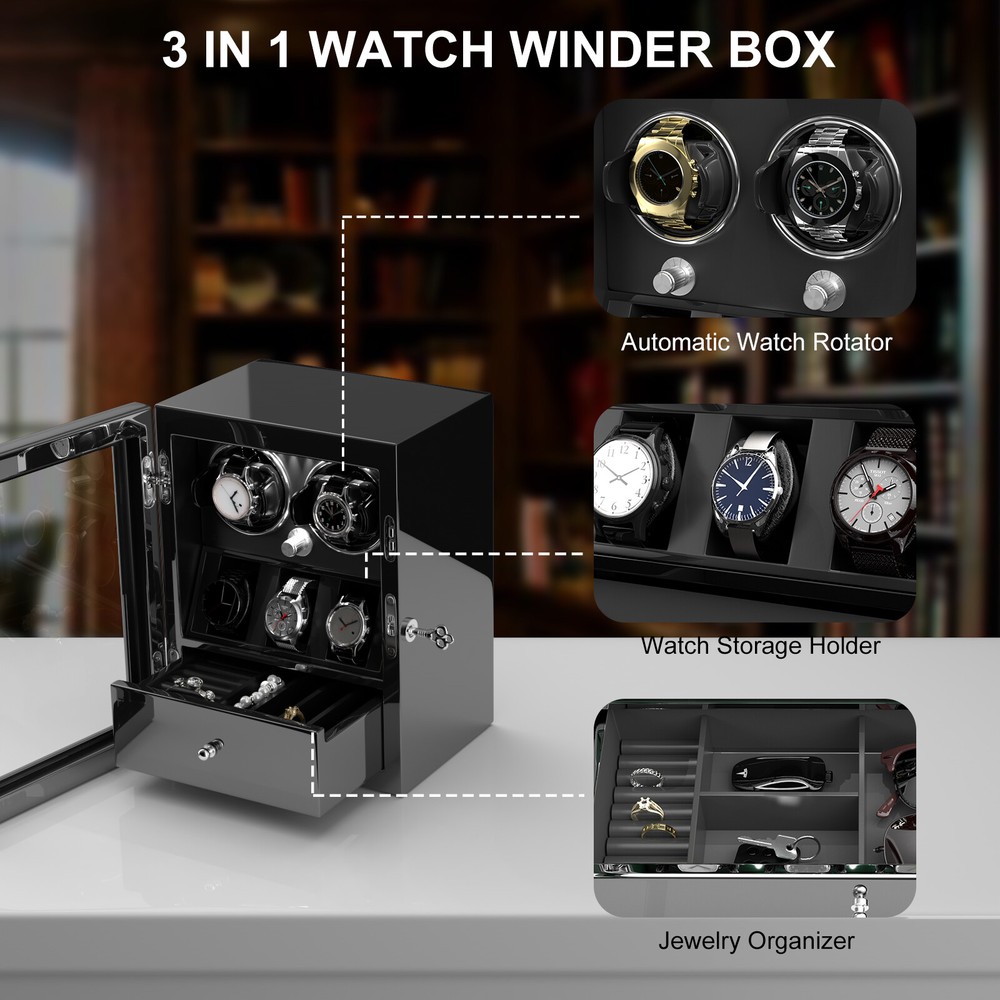 Automatic Double 2 Watch Winder with 3 Watch Display Storage Box Drawer LED Gift