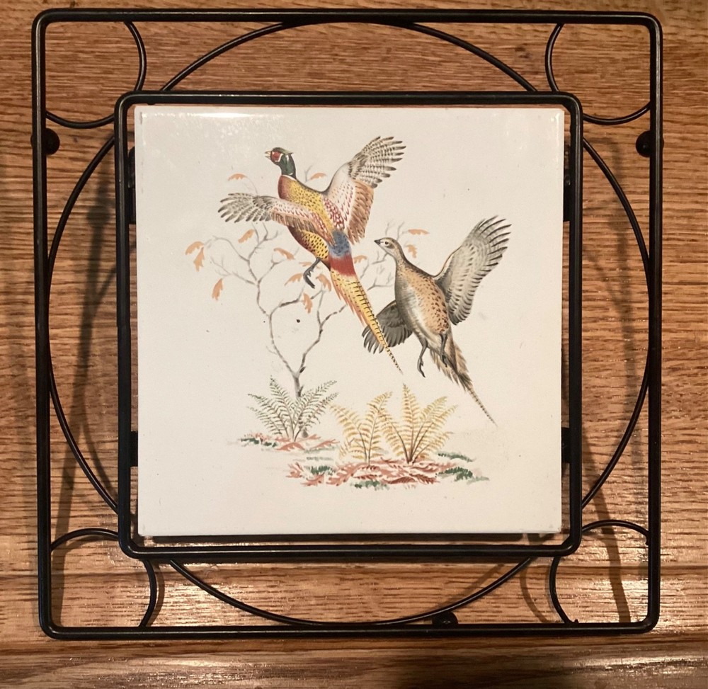 Mettlach Tile Trivet w/casing, Pheasants