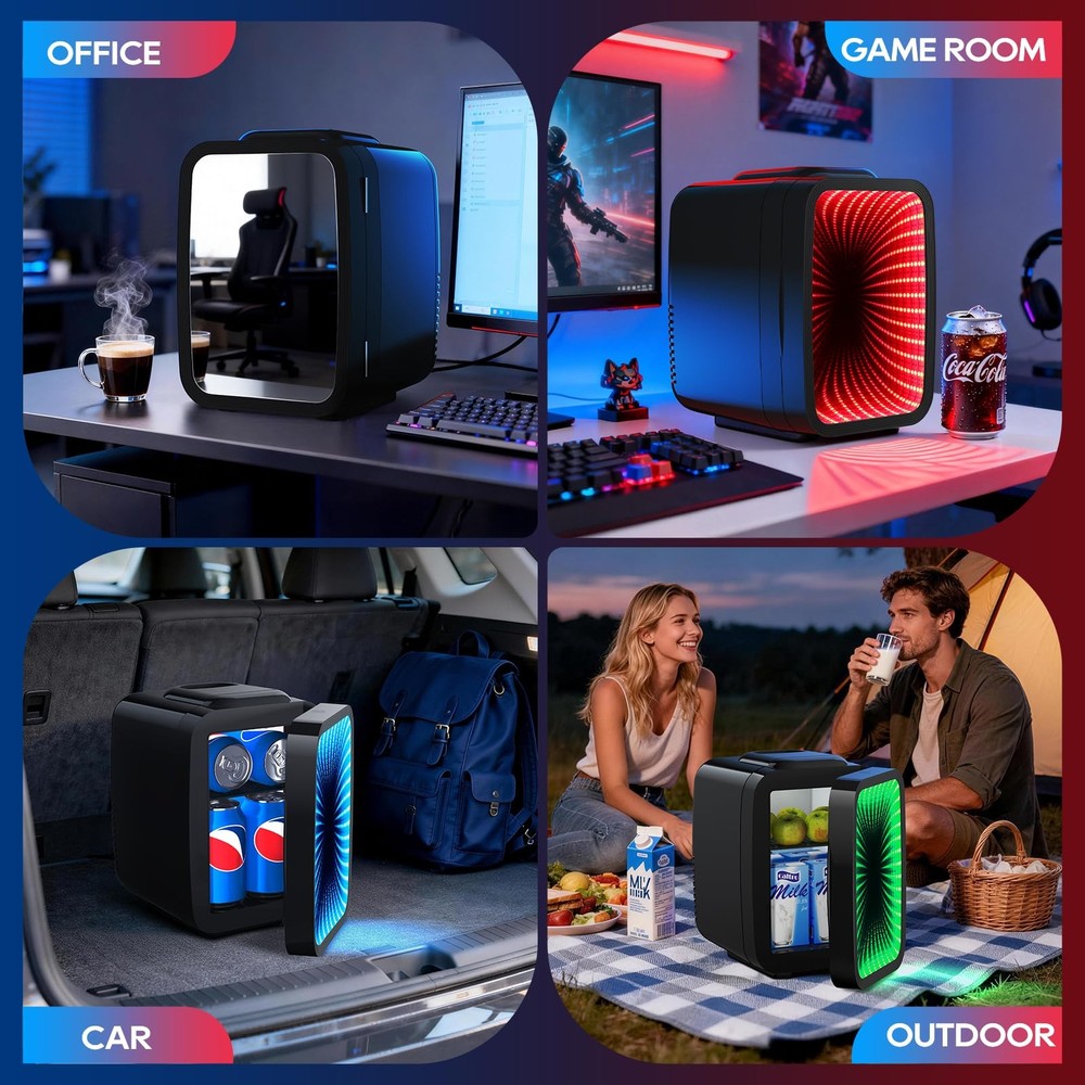 BEICHEN Mini Fridge, 4L/6 Can Small fridge with Dimmable Gaming Light Black