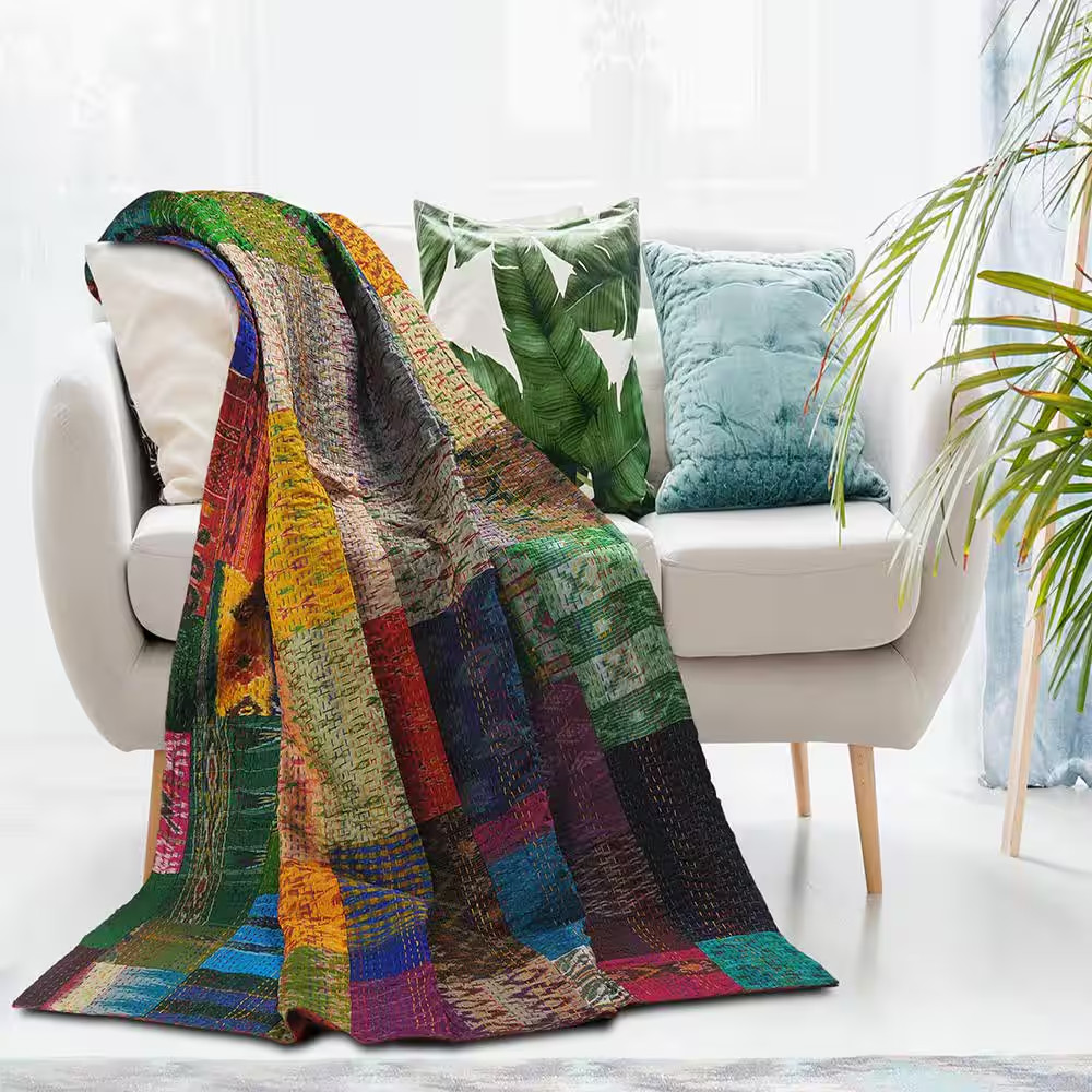 Faith Multicolored Patchwork Hand-Stitched All Natural Cotton Blend Throw Blanke