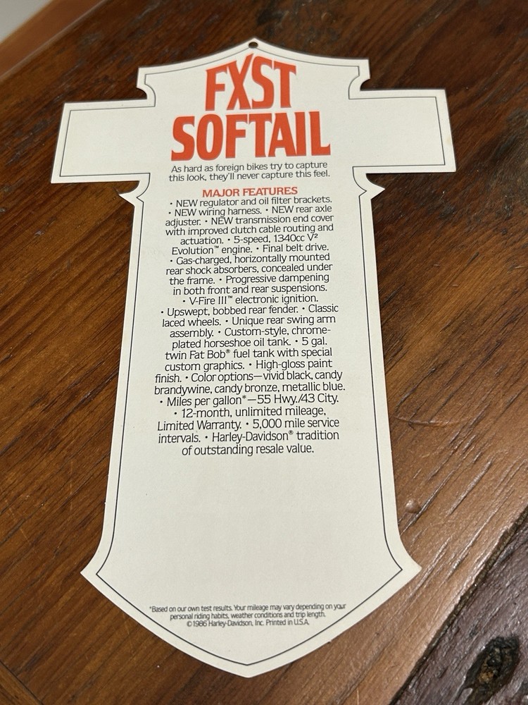 1987 Harley Davidson FXST Softail "Things Are Different" Hang Tag