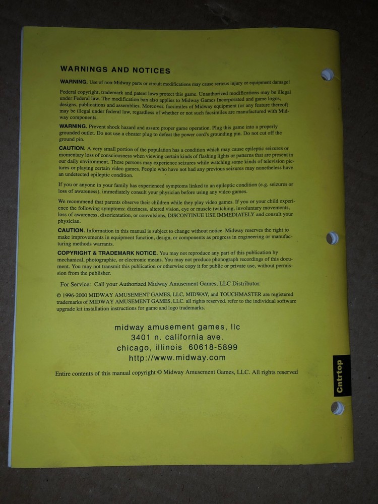 MIDWAY INFINITY TOUCH SCREEN ARCADE MANUAL ORIGINAL #
