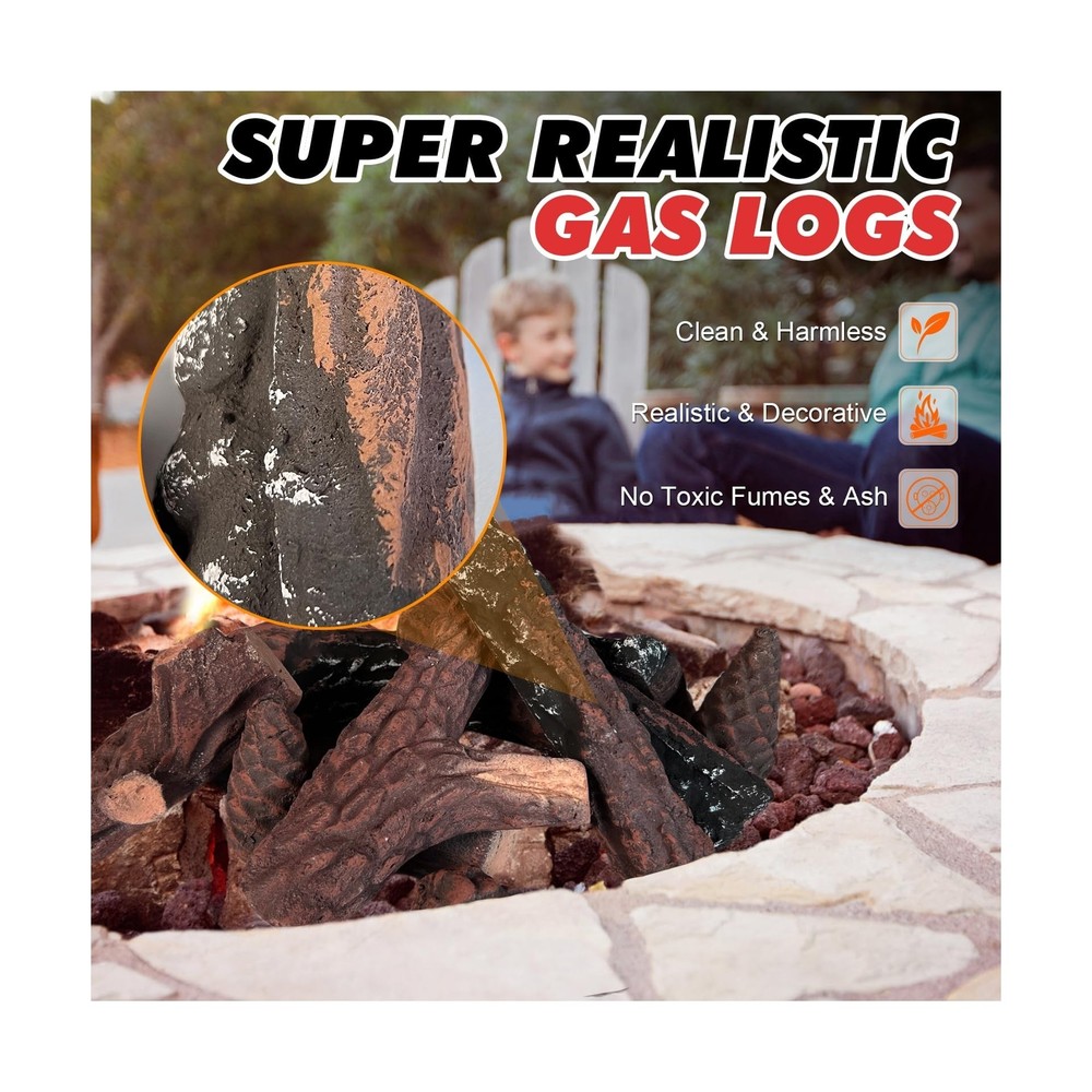 10 Pack Gas Fireplace Logs, Ceramic Logs for Fireplace and Fire Pit, Simulate...