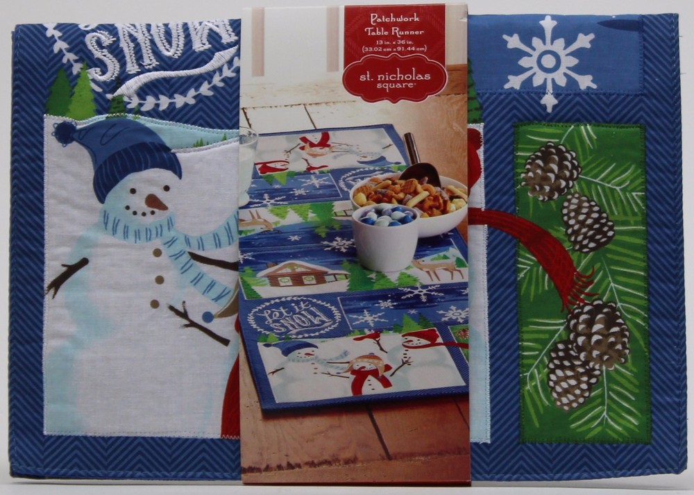 Christmas St Nicholas Square Blue Snowman Patchwork Table Runner 13x36 in NWT