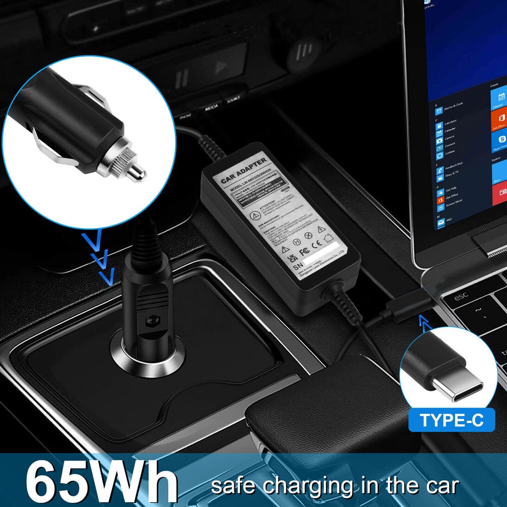 PD 90W/65W Car Cigarette Lighter Socket to USB-C Type-C Power Supply Adapter