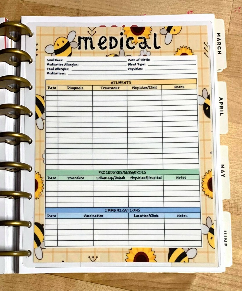 Medical History Tracker Dashboard Insert for use with Classic Happy Planner~
