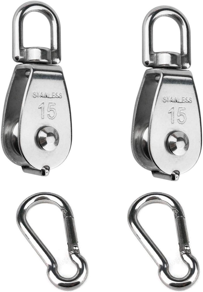 Compact 2PCS 304 Stainless Steel Pulley Blocks with Snap Hooks - Versatile Usage