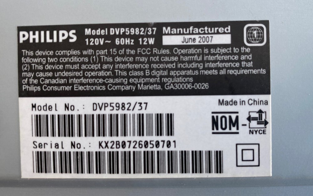 Philips DVP5982 DVD CD Player Tested Working No Remote