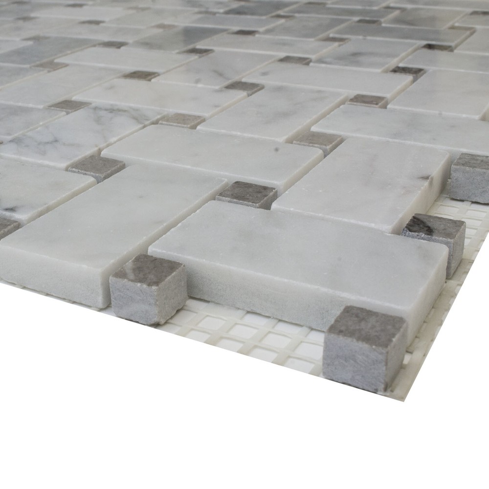Simple Tile - Marble Mosaic Tile Basketweave Collection Carrara White + Grey Dot