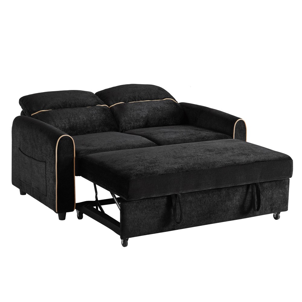 Chenille Sofa Bed Pull Out Sleeper w/ USB Charging, 3-Position Backrest Black
