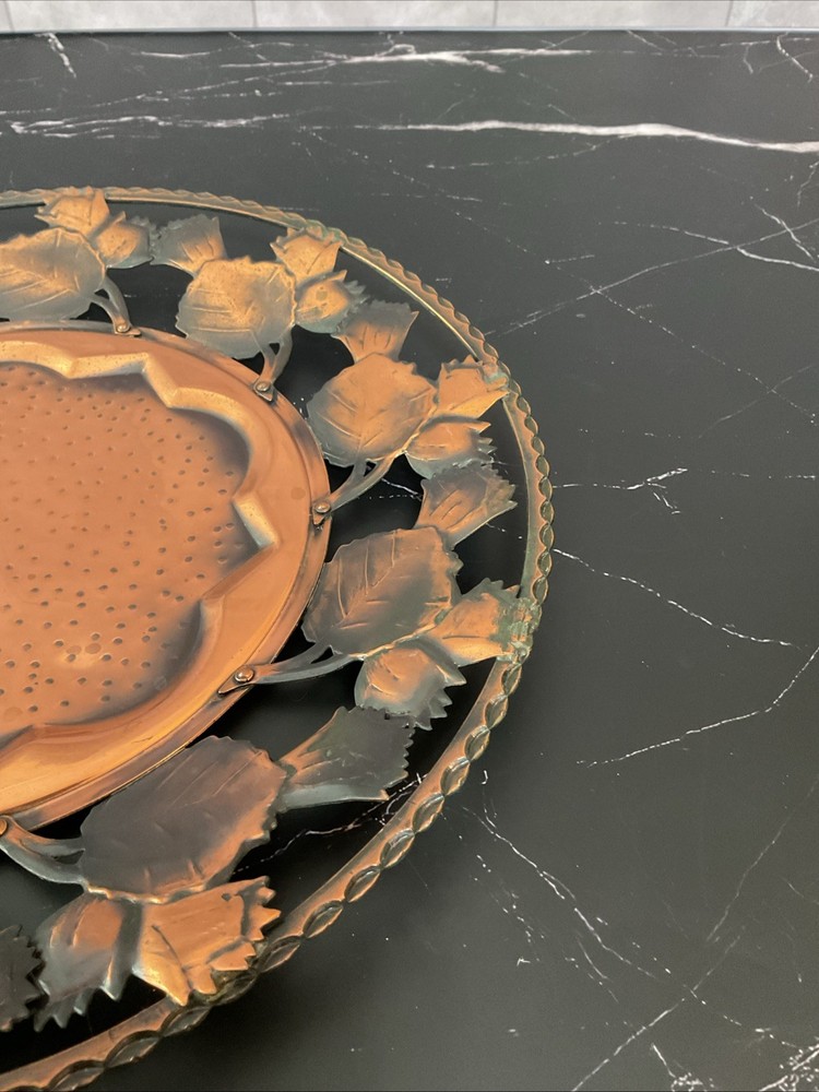 Vintage Copper Platter Bowl With Leaf Design,EUC
