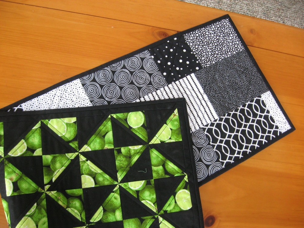 Handmade Quilted Table Runner Green Lime Fruit with Solid Black FREE SHIPPING