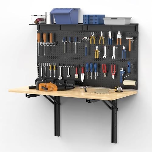 Wall Mounted Workbench with Pegboard, Folding Down Work Table Metal Pegboard