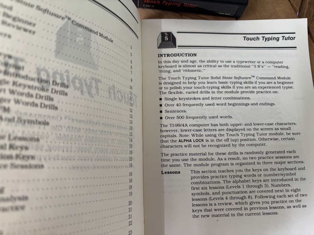 Touch Typing Tutor, TI-99/4A Educational Game Part No. PHM3064 & Command Module