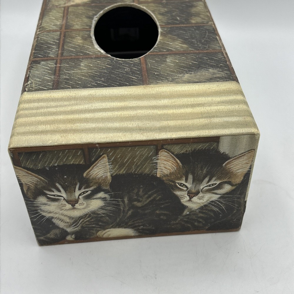Primitive Tissue Box Bob’s Boxes All Creatures Cats Kittens Rainy Window VTG