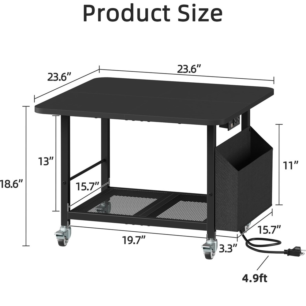 23.6"×23.6" Large Priner Stand with Power Outlet, Printer Table with Storage ...