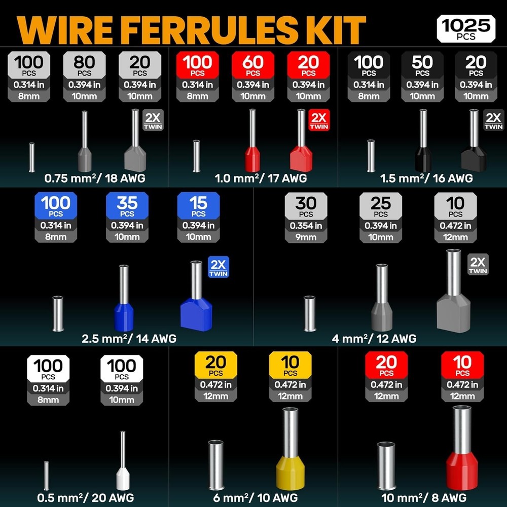 Professional Hexagonal Crimping Tool and 21 Ferrules for Precise Connections