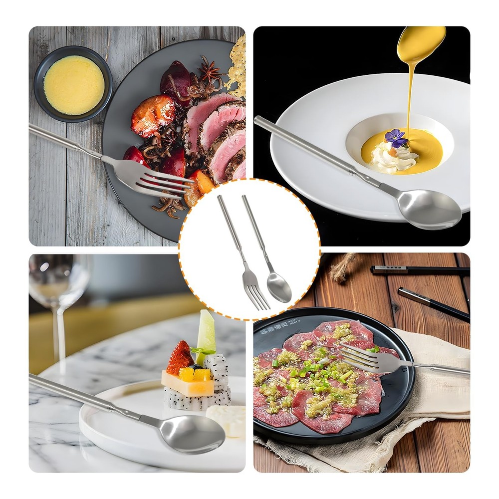 2 Pcs Extendable Fork and Spoon Set Stainless Steel Telescopic Tableware