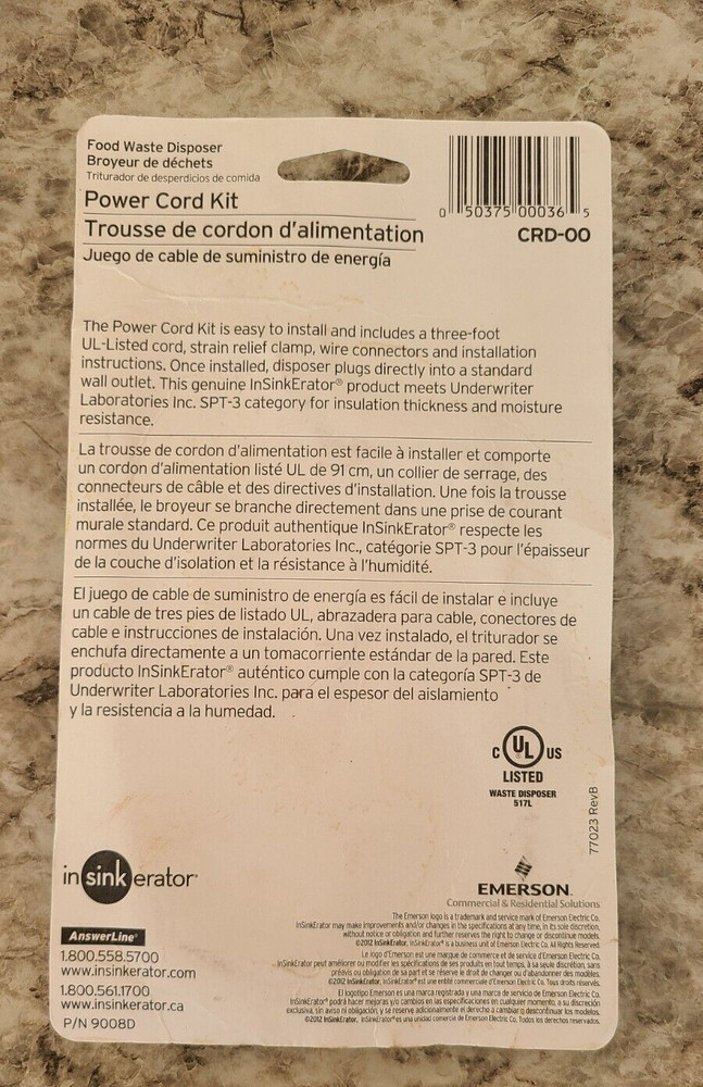 InSinkErator Garbage Disposal Power Cord Kit CRD-00 In Original Packaging