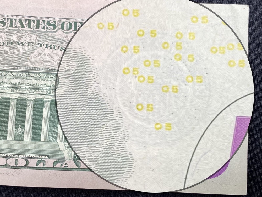 2017A $5 Bill Ink Error SeeThrough Reverse Of Note on serial number