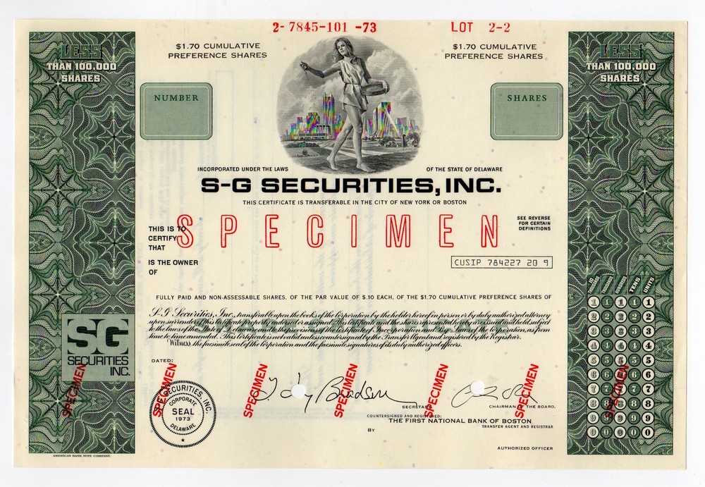 SPECIMEN - S-G Securities, Inc. Stock Certificate
