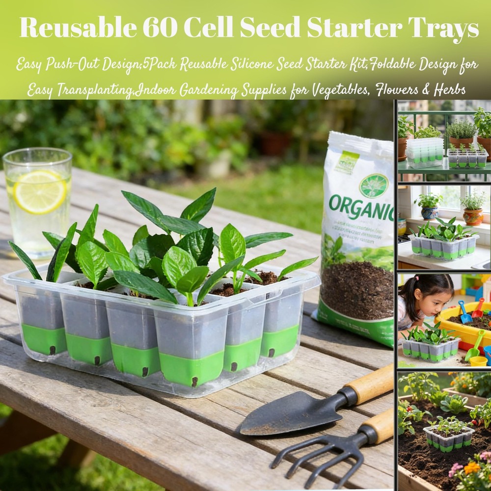 5-Pack Reusable Silicone Seed Starter Kit,Reusable 60Cell Seed Starter Trays ...