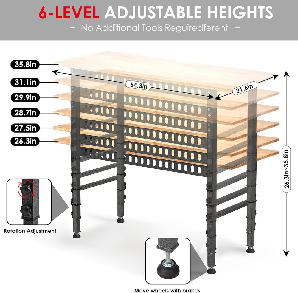 54.3 "Adjustable Workbench with Power Outlet, Heavy Duty 2000 LBS Load Capacity