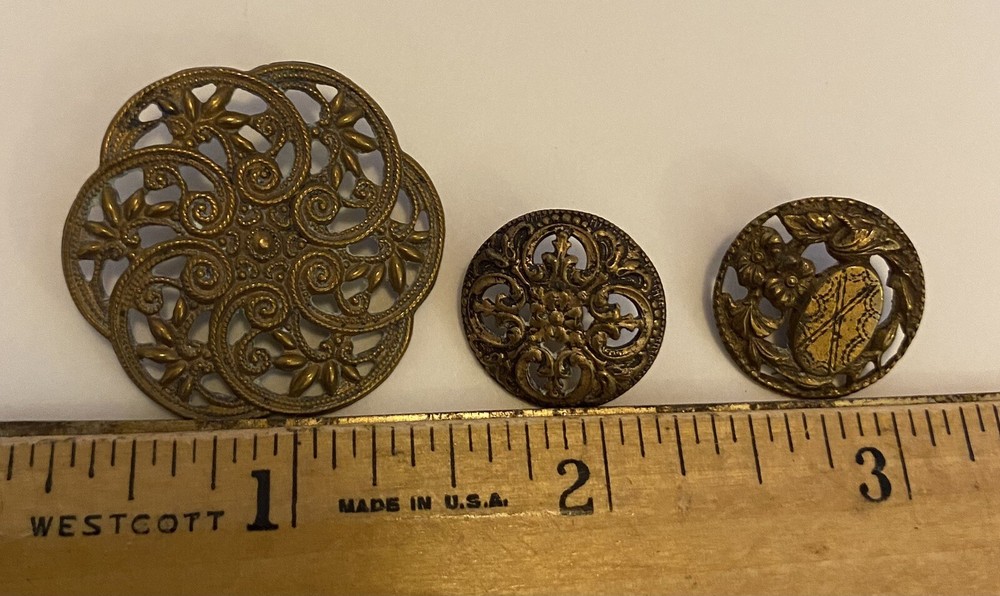 Antique Lacy Pierced Openwork Brass Button Lot 3 solid one-piece loop shanks