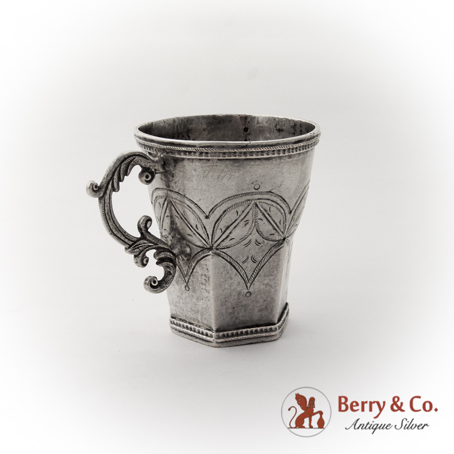 Antique Spanish Colonial Silver Cup Ornate Scroll Handle 1825